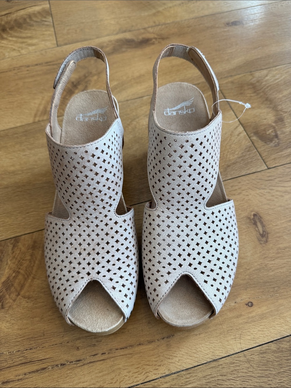 Dansko Women's Teagan Perforated Slingback faux wood heel sandals vintage white